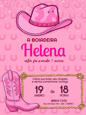 Convite Ana Castela Cowgirl Stars para children's birthday or themed party. – tema most searched for (rustic, feminine, colorful, bright, countryside, fun)