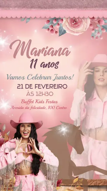 Convite Ana Castela Boiadeira Menina para aniversário infantil com tema boiadeira. – tema aniversário (boiadeira, rosa, divertido, infantil, lúdico, colorido)