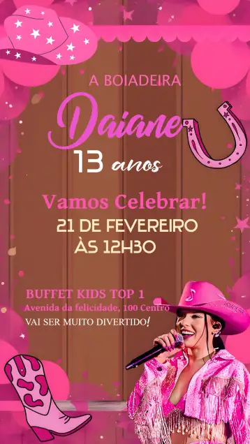 Convite Ana Castela Cowgirl Girl para children's birthday with cowboy theme. – tema birthday (cowgirl, colorful, fun-filled, country-themed, pink-themed, vintage)