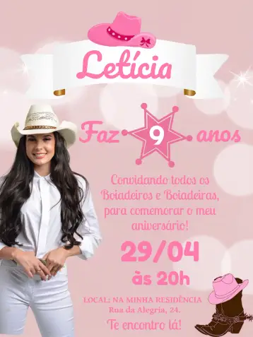 Convite Ana Castela Chica para cumpleaños infantil. – tema más buscados (rosa, sertanejo, cowgirl, divertido, colorido, temático)