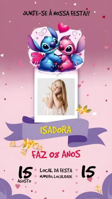 Convite Angel E Stitch Com Foto Fofo para aniversário infantil – tema mais pesquisados (colorido, lúdico, divertido, infantil, moderno)