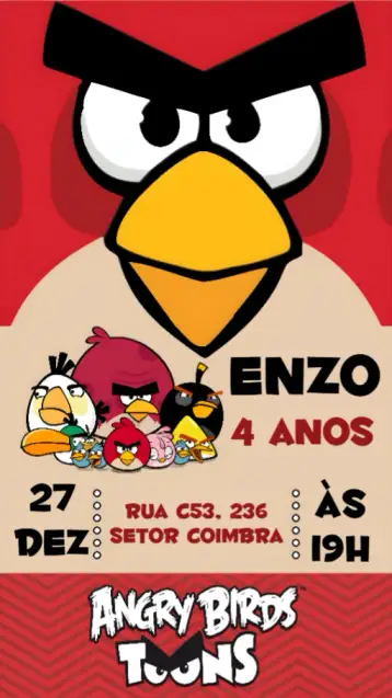 Convite Angry Birds para aniversário de 15 anos com temática divertida. – tema 15 anos (cores vibrantes, elementos gráficos do jogo, estilo lúdico, temática de aventura, design moderno, ilustrações divertidas)