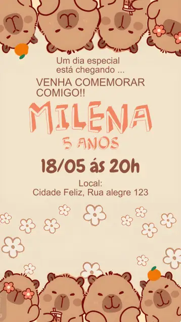 Convite Excited Capybara Capy para children's birthday – tema kids' birthday party (forest, colorful, fun, playful, nature)