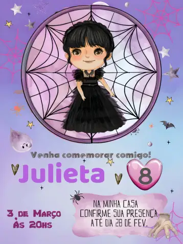 Convite Colorful Wednesday Addams Birthday para children's birthday party with the addams family theme. – tema most searched for (colorful, gothic, thematic, fun, modern, childish)