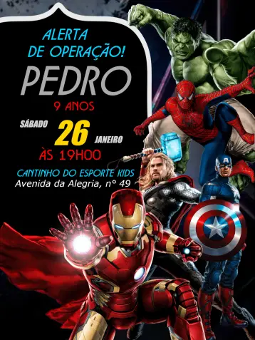 Convite Aniversári Os Vingadores Preto editável e personalizável