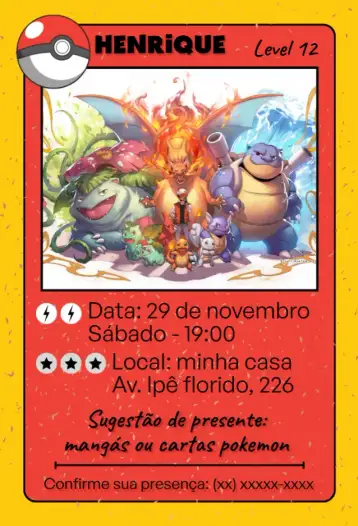 Convite Pokemon Card Birthday para children's birthday with pokémon theme. – tema kids' birthday party (colorful, playful, thematic, youthful, playful)
