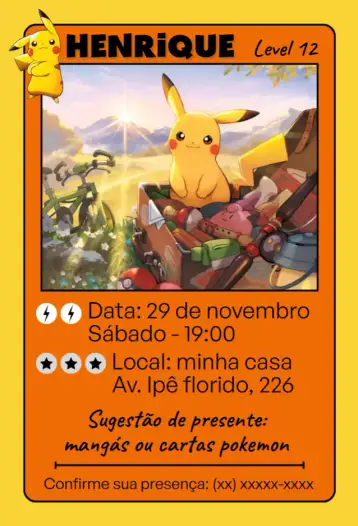 Convite Pokémon Card Birthday para kids birthday – tema kids' birthday party (colorful, fun-filled, games, adventure, kids)