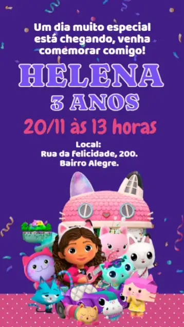 Convite Aniversário Casa Mágica de Gabby para aniversário infantil – tema aniversário infantil (cores vibrantes, elementos mágicos, estilo lúdico, design infantil, tema de gatos)