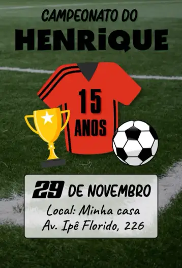 Convite Aniversário de Futebol para aniversário com tema de futebol. – tema aniversário (cores vibrantes, estilo esportivo, elementos gráficos de futebol, design moderno, temática de times, ilustrações divertidas)