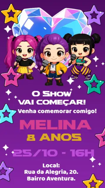 Convite cumpleaños de las Guerreras del K-Pop para cumpleaños infantil con tema k-pop. – tema cumpleaños infantil (colorido, moderno, temático, divertido, jovial)