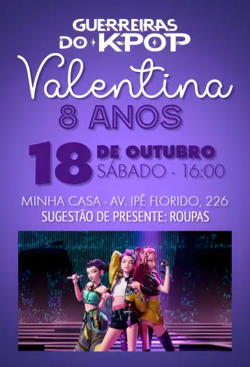 Convite Warrior Kpop Girls Birthday para kids birthday – tema kids' birthday party (purple, colorful, musical, youthful, dynamic)