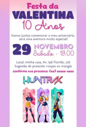 Convite Cumpleaños Kpop Demon hunters para cumpleaños infantil con temática kpop. – tema cumpleaños infantil (colores rosa, estilo moderno, elementos gráficos de Kpop, inspirado en girlbands, visual divertido, atmósfera festiva)