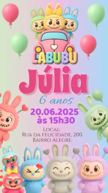 Convite Aniversário Labubu editável e personalizável