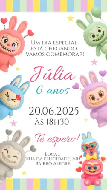 Convite Aniversário Labubu para aniversário infantil. – tema mais pesquisados (rosa, lúdico, divertido, infantil, colorido)