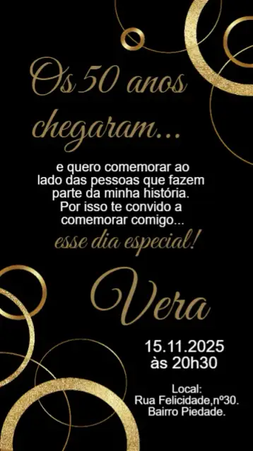 Convite Aniversário Preto e Dourado 50 anos para aniversário de 50 anos, uma celebração marcante e cheia de estilo. – tema cartão (preto, dourado, elegante, moderno, glamouroso, sophisticated)