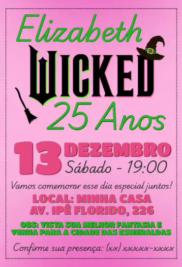 Convite Aniversário Wicked Elphaba e Glinda rosa para aniversário com tema de wicked e musical. – tema aniversário (rosa, verde, temática de musical, elementos gráficos de Oz, festivo, fantasia)