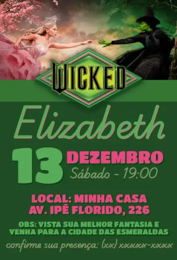 Convite Aniversário Wicked Glinda e Elphaba editável e personalizável