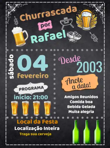 Convite Anivesário Churrasco Chalkboard - Adulto Bebida editável e personalizável