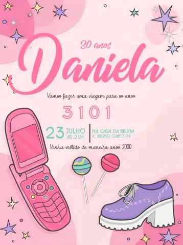 Convite Anos 2000 Vintage 30 para aniversário de 15 anos com temática vintage e divertida. – tema 15 anos (vintage, anos 2000, brilho, cores vibrantes, feminino, divertido)