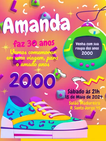 Convite Años 2000 Vintage Amarillo para cumpleaños de 15 años con temática de los años 2000. – tema 15 años (vintage, neón, colorido, joven, divertido)