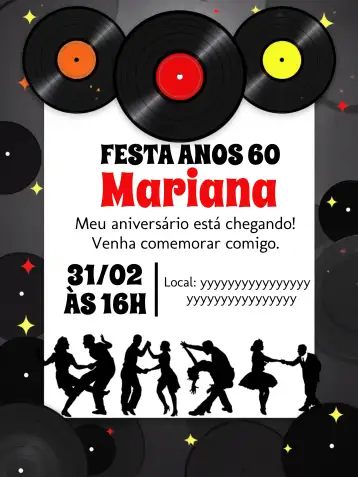 Convite Años 60 Lunares para cumpleaños con temática años 60. – tema cumpleaños (vintage, disco, colorido, retro, divertido)