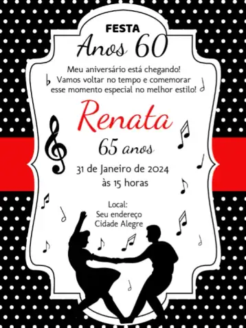 Convite Anos 60 Discoteca para aniversário adulto com tema de discoteca dos anos 60. – tema cumpleaños (vintage, colorido, retro, musical, divertido)