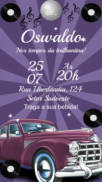 Convite 60s Lilac para 15th birthday party with a 60s theme. – tema sweet 15 (vintage, nostalgic, elegant, colorful, fun, themed)