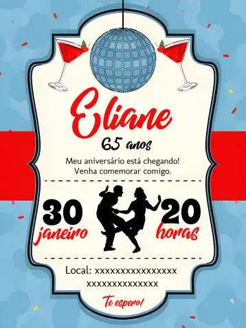 Convite Años 60 Rojo para cumpleaños adulto con temática años 60. – tema cumpleaños (vintage, discoteca, colorido, nostálgico, divertido)