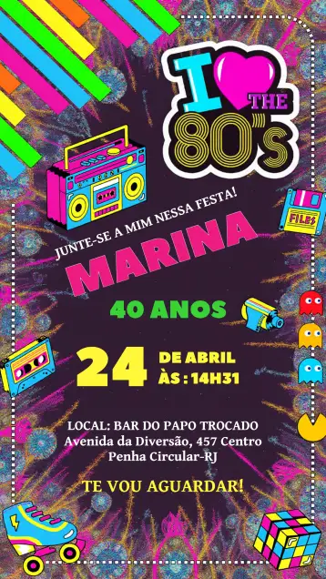 Convite Anos 80 Colorido para aniversário com tema anos 80. – tema aniversário (colorido, vintage, retro, divertido, gráficos pop, neon)