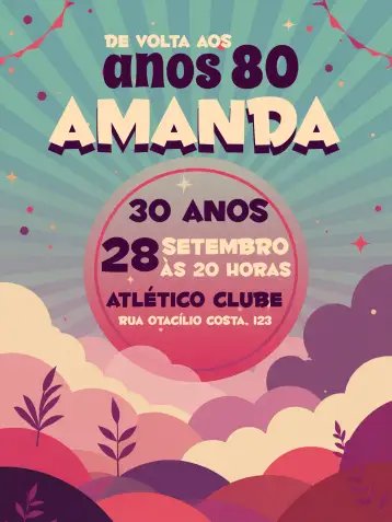 Convite Anos 80 Retrô Vintage para aniversário de 15 anos com temática dos anos 80. – tema 15 anos (retrô, vintage, colorido, anos 80, discos de vinil, estilo pop)