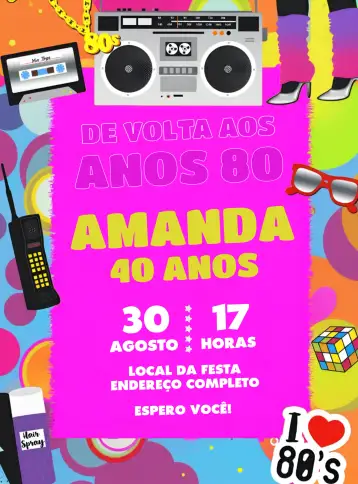 Convite Anos 80 Rosa para festa de 15 anos com temática anos 80. – tema 15 anos (retro, vintage, colorido, divertido, jovem)
