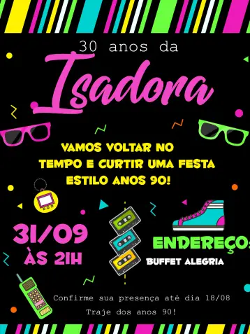 Convite Anos 90 Azul para aniversário de 15 anos com temática dos anos 90. – tema 15 anos (neon, vintage, colorido, retro, discoteca)
