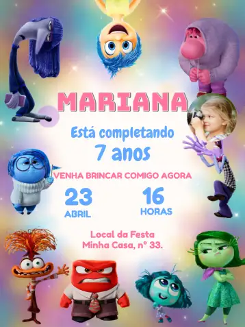 Convite Aniversario Divertida Mente 2 Con Foto Pelicula para cumpleaños infantil con temática divertida y colorida. – tema fechas conmemorativas (colorido, divertido, temático, infantil, moderno)