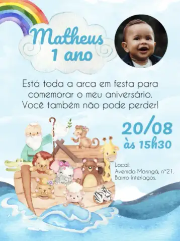 Convite Arca De Noé Com Foto Animais para aniversário infantil com tema de arca de noé. – tema mais pesquisados (aquarela, animais, temática religiosa, azul e branco, design divertido, elementos gráficos infantis)