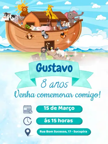 Convite Arca De Noé para cumpleaños infantil – tema cumpleaños infantil (colorido, lúdico, animal, temático, divertido)