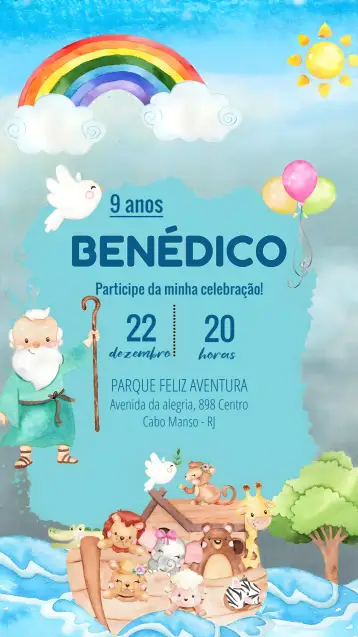 Convite Arca De Noé Evangelio para cumpleaños infantil con temática de arca de noé. – tema más buscados (colorido, ilustraciones de animales, estilo infantil, temática bíblica, divertido, festivo)