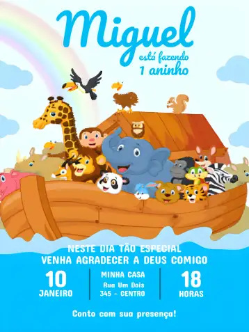 Convite Arca De Noé Festa para chá de panela descontraído e divertido. – tema chá de panela (animais, azul, divertido, infantil, temático)