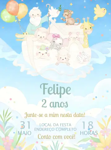 Convite Arca De Noé Delfín para cumpleaños infantil con temática de animales. – tema más buscados (colorido, lúdico, animal, temático, divertido)
