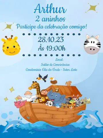 Convite Arca De Noé Personajes para cumpleaños infantil – tema más buscados (colorido, divertido, infantil, temático, animales, ilustración)