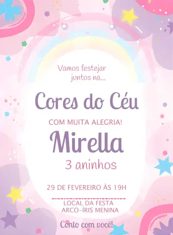 Convite Arco-iris Chica para cumpleaños infantil con tema colorido y alegre. – tema más buscados (delicado, colorido, infantil, moderno, lúdico, floral)