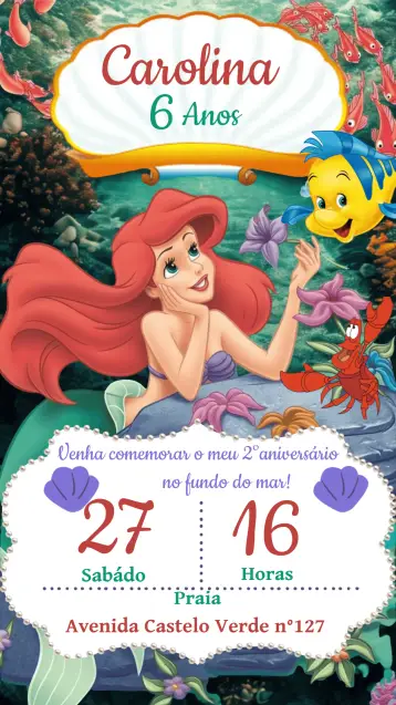 Convite Ariel Pequena Sereia Princesa editável e personalizável