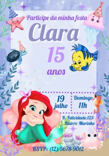 Convite Ariel Pequena Sereia Sebastian editável e personalizável