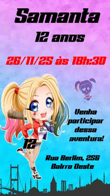 Convite Arlequina – tema cumpleaños