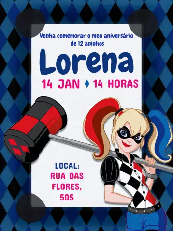 Convite Arlequina Alerquina para cumpleaños infantil con tema arlequina. – tema cumpleaños infantil (colorido, divertido, temático, moderno, infantil)