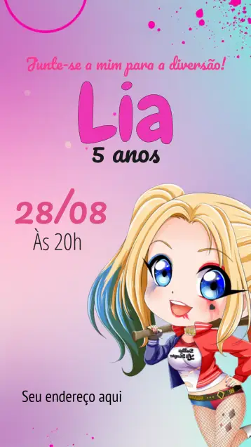 Convite Arlequina Alerquina para aniversário infantil com tema arlequina. – tema aniversário infantil (colorido, divertido, temático, moderno, rosa, jovial)