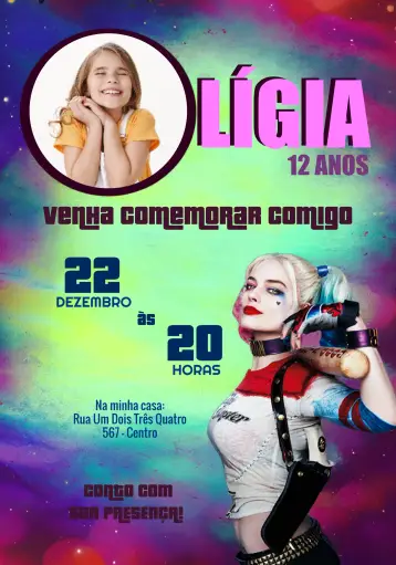Convite Arlequina Com Foto Alerquina editável e personalizável