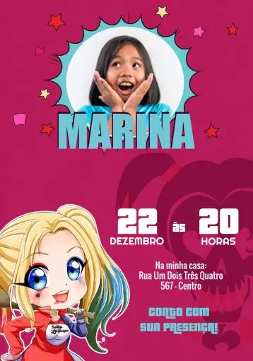Convite Arlequina Com Foto Branco para aniversário infantil – tema aniversário infantil (colorido, moderno, quadrinhos, divertido, feminino)