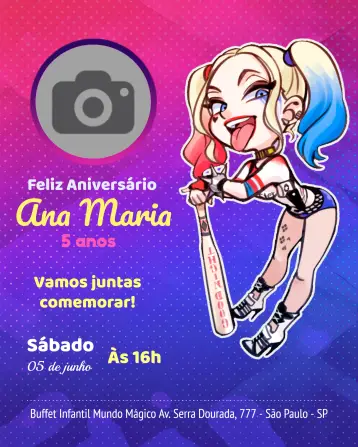 Invitación Arlequina Con Foto Harley editable y personalizable