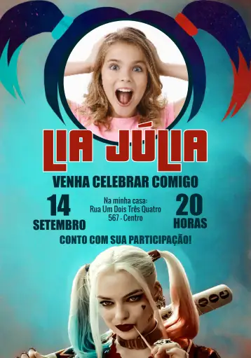 Convite Arlequina Con Foto Cómics para cumpleaños infantil – tema cumpleaños infantil (cómics, colores vibrantes, moderno, divertido, temática de superhéroes, estilo pop art)