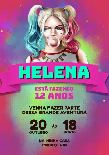 Convite Arlequina Coringa para aniversário infantil com tema de super-heróis. – tema aniversário infantil (cores vibrantes, estilo quadrinhos, elementos lúdicos, design divertido, tema de super-heróis, mistura de cores)